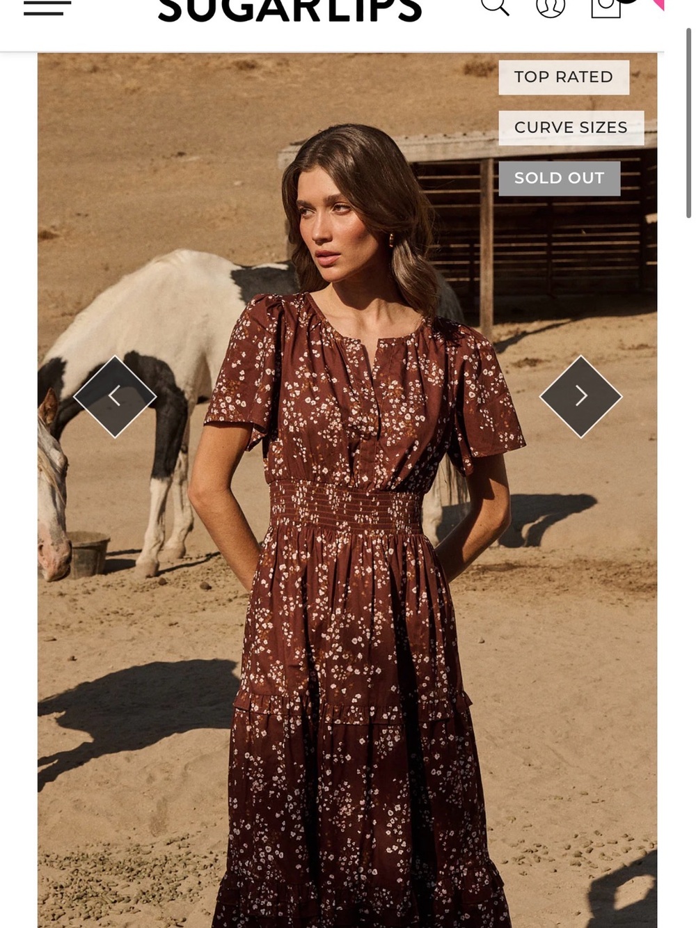 Sugarlips Brown Floral Smocked Midi Dress sold out online *floral Palmer